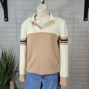 Vintage 70s Cream and Tan Striped Long Sleeve V Neck Collard Sweater Medium
